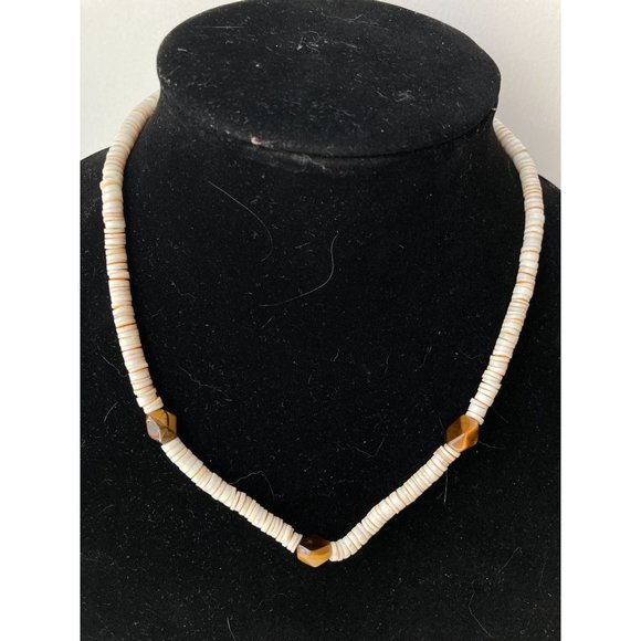 Vintage Hawaiian Natural White Puka Shell Choker Necklace w Facetted Tigers Eye - Picture 3 of 4